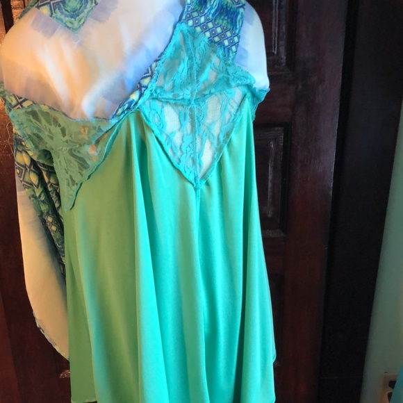 GlamDoll sz Med. Tent sundress teal, blue, green, and yellow/lace panels/lined - Picture 10 of 13
